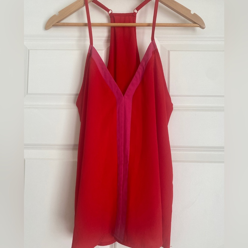Color Block V-Neck Racerback Top Size S Red Neon Pink Pop of Color Summer OOTD